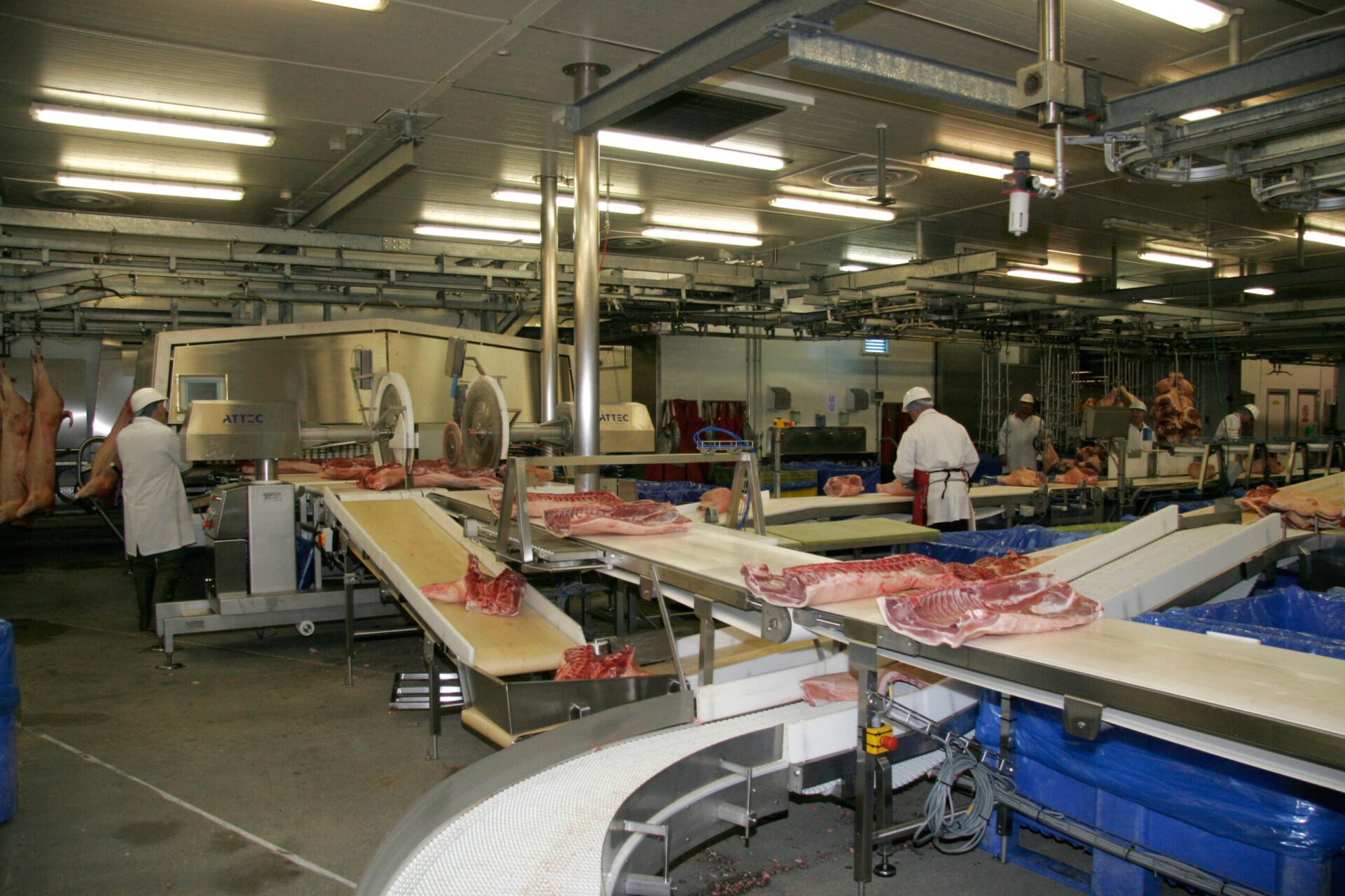 Modular prefabricated beef slaughterhouse. Butchers cutting line in a slaughterhouse